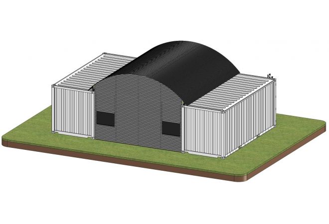 Zaagloods 5.00 X 6.00 meter, gesitueerd tussen 2 stuks 20Ft zeecontainers