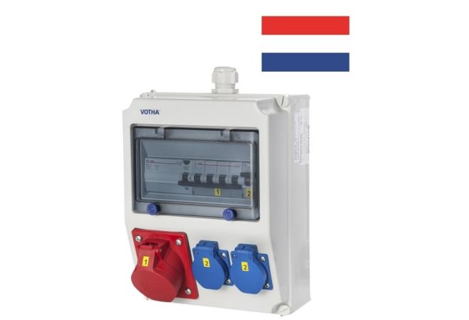 VOTHA® Wandkast "WORMS"-1x CEE contactdoos 5P 32A->1x automaat 3P+N C32A~2x Schuko wandcontactdozen 230 V->1x automaat 1P+N C16A-1x Aardlekschakelaar 40A 4-polig 0,03 A over alle uitgangen - NL62.012.1011