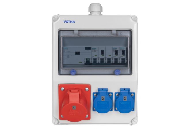 VOTHA Wandverdeelkast Worms Uitgaand: 1x CEE16A, 2x Steckdose 230V~400V~Ingang M25 Top, FI Schrack Zekeringen, 1x LS16 A, 3-polig, C2xLS 16A, 1-polig, C met aardlekschakelaar 40 A, 400 V~, 4-polig, 0,03 A over alle uitgangen