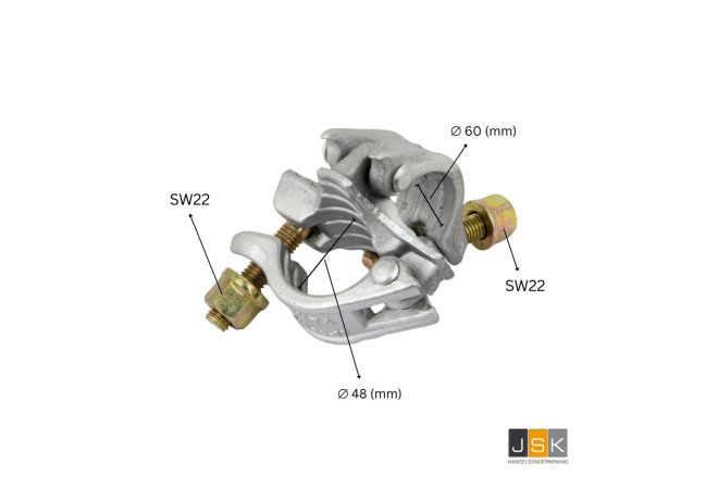 Verloopstuk dwarskoppeling kruis 48.3 - 60.3 mm met boutsluiting, Diameter: 48/60 mm - Sleutelwijdte: SW 22 - Materiaalsoort: thermisch verzinkt staal - Volgens: EN74