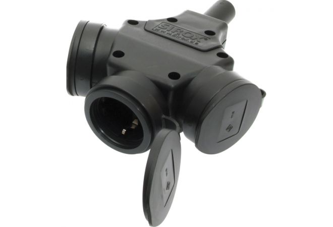 SIROX 3-Wege Schuko Kupplung m. Deckel am Band IP44 - 801.476.01 EAN: 4028232290309