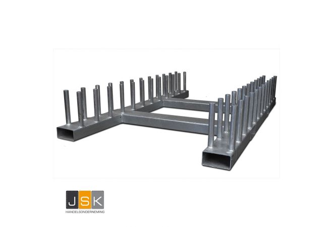 Verzinkt mobiel opslagrek voor verkeersborden voor 48 verkeersborden met buispalen Ø 48mm, voorzien van sleuven voor verplaatsing met een heftruck, Lengte x breedte: 125 x 200 cm