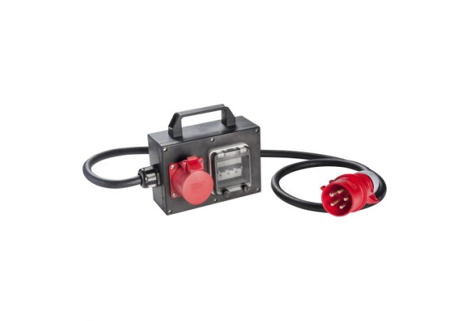 CEE-rubberen adapterbox met CEE-stekker 32A | 1x 16A 5-polig met overstroomschakelaar | Sirox® 016.010.0100-1 - JSK Handelsonderneming
