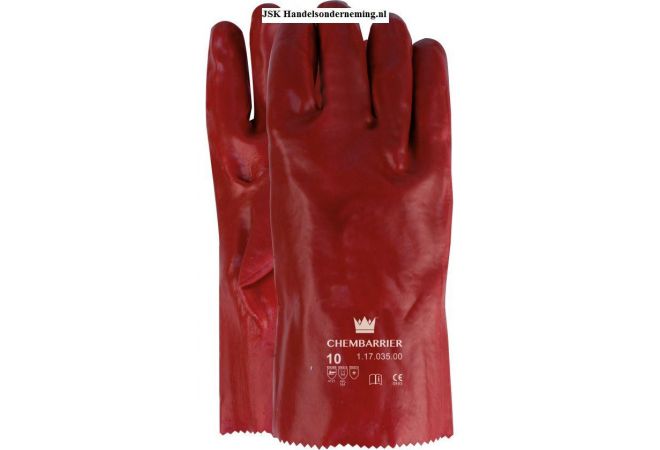 Handschoen PVC rood, enkel gedipt, lengte 350 mm, Cat. 3