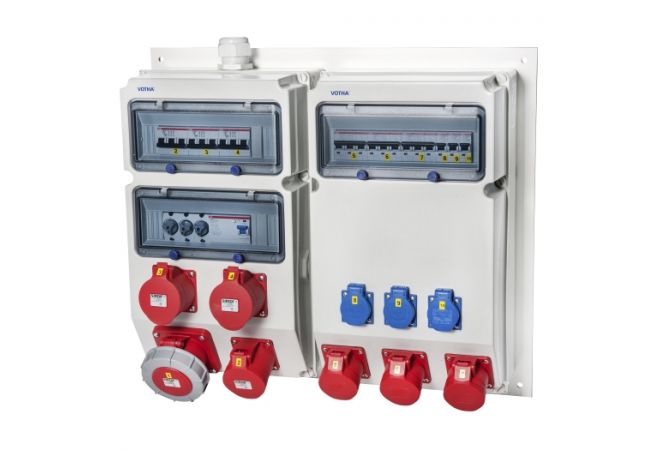 VOTHA® wandverdeler - bedraad "WETZLAR 3x CEE contactdoos 32 A 400 V -> 3 C16 A 3-polig 3x CEE contactdoos 16 A 400 V -> 3 C16 A 3-polig  3x Schuko wandcontactdozen 230 V -> 3 C16 A 1-polig  1x CEE contactdoos 63 A 400V  -> 1 Neoxed 63 A 1x Aardlekschakelaar 63 A, 400 V~ 4-polig, 0,03 A via CEE 32 A, 16 A en stopcontacten 230 V~ 1x M 40 kabelwartel  boven (met blindwartel M 40 onder) 058.333.3330-1-SI