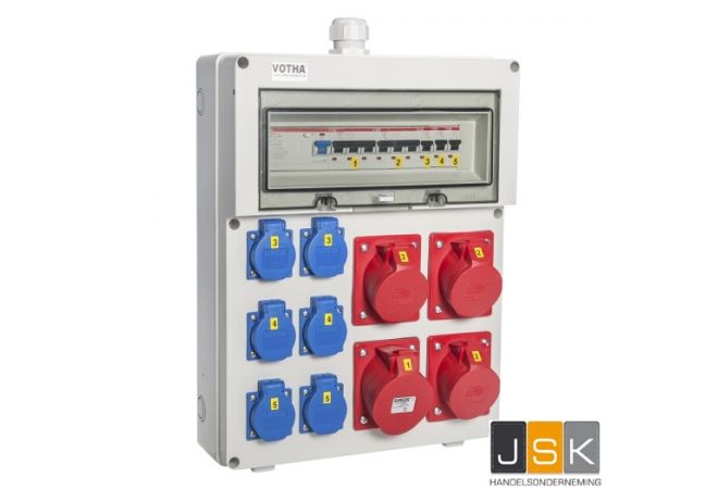 Verdeelblok-wand VOTHA WIESBADEN - bedraad met 1x 32A, 3x CEE 16A, 6x WCD'S 230V en aardlekschakelaar 63 A 0,03 A (4P) - 083.136.1130-1 - EAN: 4028232266496