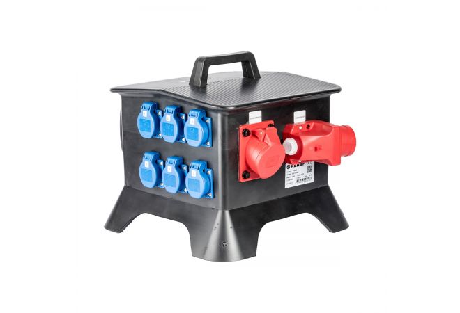 Keraf 108504 - KE05N Volrubber verdeelkast Ypsilon | Doorlus CEE 32A 5p 400V | 2x CEE 16A 5p 400V | 6x schuko 16A 2p+RA 230V | 108504 - Gratis verzending