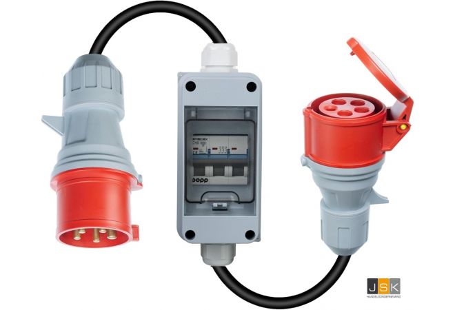 CEE Verloop Adapter 32A stekker naar 16A koppeling met LS-schakelaar C16, 3-fasen, 380-415V, 5-polig, H07RN-F 5G 2,5 mm² kabel, IP44 waterdicht (32-MCB-16), gezekerd 325165