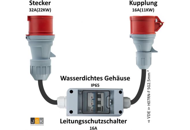 CEE Verloop Adapter 32A stekker naar 16A koppeling met LS-schakelaar C16, 3-fasen, 380-415V, 5-polig, H07RN-F 5G 2,5 mm² kabel, IP44 waterdicht (32-MCB-16), gezekerd 325165