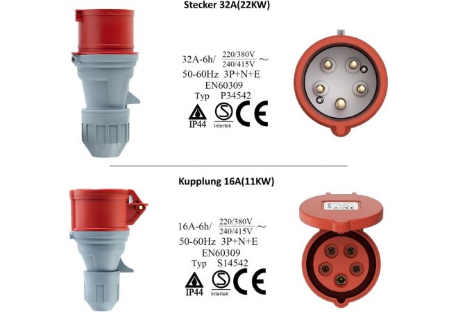CEE Verloop Adapter 32A stekker naar 16A koppeling met LS-schakelaar C16, 3-fasen, 380-415V, 5-polig, H07RN-F 5G 2,5 mm² kabel, IP44 waterdicht (32-MCB-16), gezekerd 325165