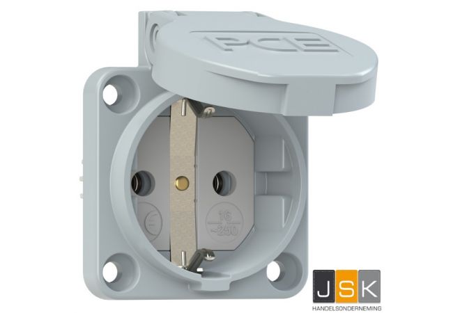 PCE/Sirox Schuko Inbouw wandcontactdoos met klep PCE105-0e IP54 geel 50x50mm Flens, incl. dunne flensdichting, afstand tussen de bevestigingsgaten: 38 x 38 mm, 601.050 Grijs