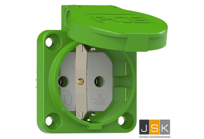 PCE/Sirox Schuko Inbouw wandcontactdoos met klep PCE105-0e IP54 geel 50x50mm Flens, incl. dunne flensdichting, afstand tussen de bevestigingsgaten: 38 x 38 mm, 601.050 Groen