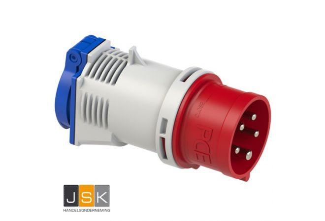 Electraline 80802 CEE IP44 industriële adapter van 16A Schuko-stopcontact naar 3-polige CEE-stekker (3P+N+T) met kap - PCE 47422L