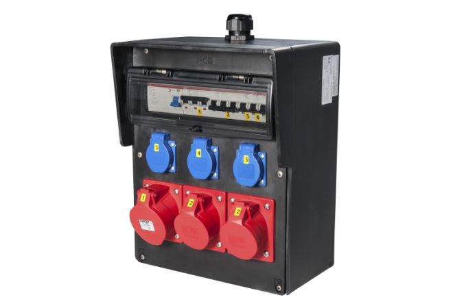 Rubber wandverdeler - bedraad "WALDECK" 1x 32A 5-polig 400V 2x 16A 5-polig 400V 3x randaarde-contactdoos 230V - 032.123.1131