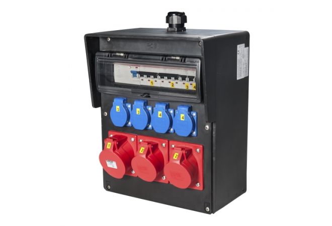 Rubber Wandverdeler bedraad 203mm 32A 1x 32A 5p 400V 2x 16A 5p 400V 4x randaarde-contactdoos 230V "Waldeck" - 032.124.1120-1