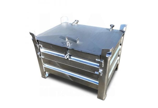 Stapelbak met deksel en cilinders, Inhoud: 391liter, 4 hijsogen, Stapelbaar, Geheel afsluitbaar, Thermisch verzinkte bak, Elektrolytisch verzinkte deksel - 1446.10020002 Stapelbak met deksel en cilinders, Inhoud: 391liter, 4 hijsogen, Stapelbaar, Geheel afsluitbaar, Thermisch verzinkte bak, Elektrolytisch verzinkte deksel - 1446.10020002