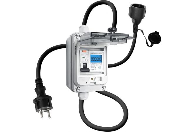 Stroommeter voor stopcontact 230 VAC 16A, mobiele digitale elektriciteitsmeter voor stopcontact met FI circuit Breaker type A, 230V IP44 Schuko Plug, tussenmeter power met IP67 elektrische meter