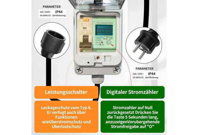 Stroommeter voor stopcontact 230 VAC 16A, mobiele digitale elektriciteitsmeter voor stopcontact met FI circuit Breaker type A, 230V IP44 Schuko Plug, tussenmeter power met IP67 elektrische meter