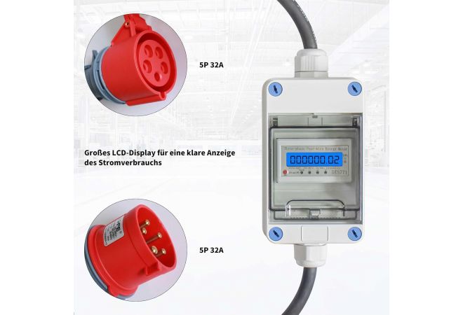 Mobiele stroommeter met CEE-stekker en koppeling, 3 × 230 V/400 V 32 A en koppeling, tussenmeter voor caravans, elektrische voertuigen, camping 1446-325325