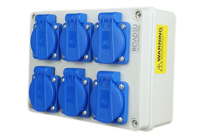 Stopcontactverdeler 230V - 6x Schuko 230V stopcontacten in een opbouwverdeelkast IP44 voor gebruik binnen/buiten Ideaal voor werkplaats, garage of fabriek. 1446.6x230V