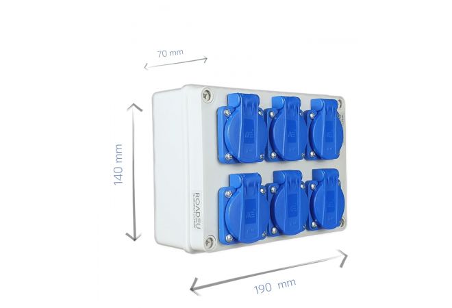 Stopcontactverdeler 230V - 6x Schuko 230V stopcontacten in een opbouwverdeelkast IP44 voor gebruik binnen/buiten Ideaal voor werkplaats, garage of fabriek. 1446.6x230V