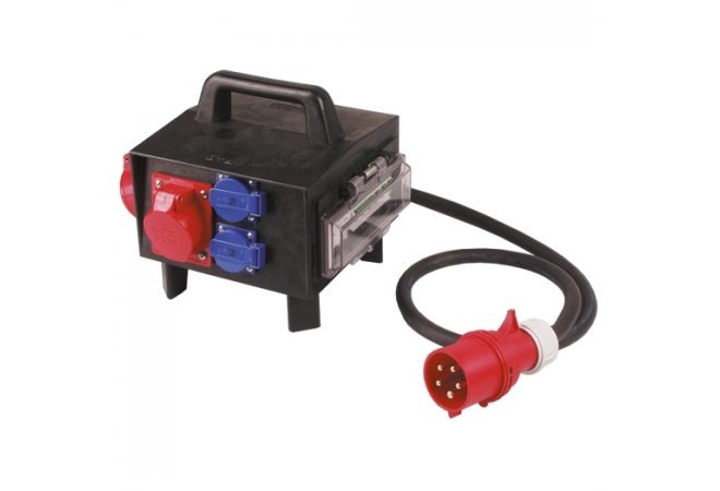 Scheidingstransformator 1600VA / Rubberenveiligheidsverdeler "GÜTERSLOH" 1x CEE 32A, 1x CEE 16A, 3x contactdoos 230V - 013.113.0131-2