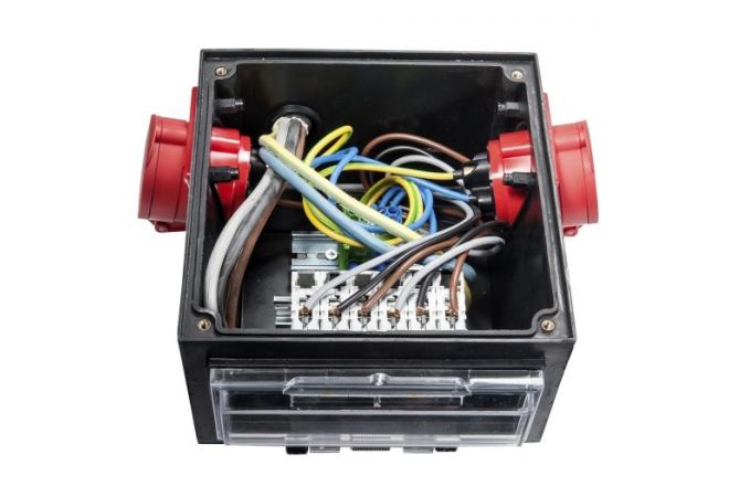 CEE-rubberen adapterbox 400V met 2x 32A 5p aansluiting - aanvoer 2m kabel 5x16 mm² CEE-stekker 63 A - NL013.200.2000 CEE-rubberen adapterbox 400V met 2x 32A 5p aansluiting - aanvoer 2m kabel 5x16 mm² CEE-stekker 63 A - NL013.200.2000