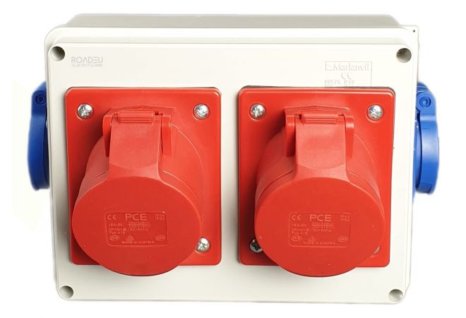 2xCEE16A|2x230V|H CEE Stroomverdeler. 2x CEE 16A 5 polig 400V met 2x Schuko 230V contactdoos combinatie. IP44 Bouwstroomverdeler, perfect voor werkplaatsen, garages en loodsen. 1446.2xCEE16A|2x230V|H 2xCEE16A|2x230V|H CEE Stroomverdeler. 2x CEE 16A 5 polig 400V met 2x Schuko 230V contactdoos combinatie. IP44 Bouwstroomverdeler, perfect voor werkplaatsen, garages en loodsen. 1446.2xCEE16A|2x230V|H