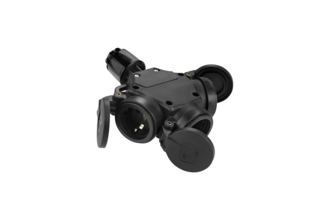 Contactdooscombinatie, Spatwaterdicht (IP54) met drie randaarde contacten, ontworpen voor gebruik in de bouw en buitenshuis met verend klapdeksel - 801.485.01