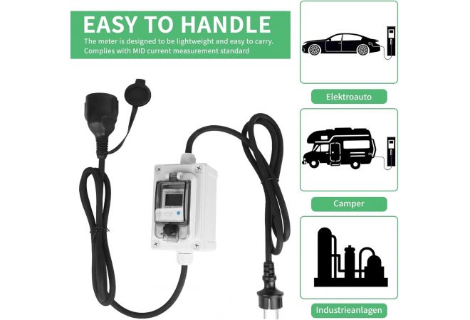 Mobiele digitale stroommeter 230V, 60A, mobiele meter, CEE buiten, KWH-teller met IP67 waterdicht, industriële stekker, led-stroommeter met reset, rubberen slangkabel, draagbaar