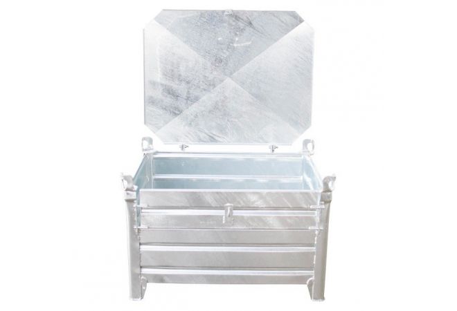 Verzinkte stapelbak met klep 100x80x50cm gegalvaniseerd met 4 hijsogen W.L.L. 2.000 kg