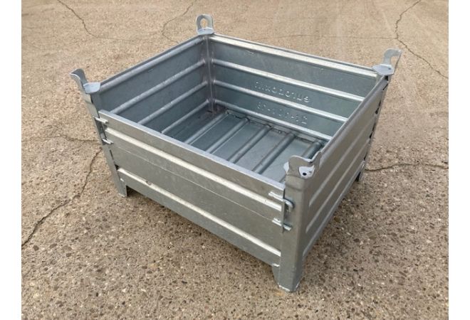 Verzinkte stapelbak met klep 100x80x50cm thermisch verzinkt met 4 hijsogen W.L.L. 2.000 kg