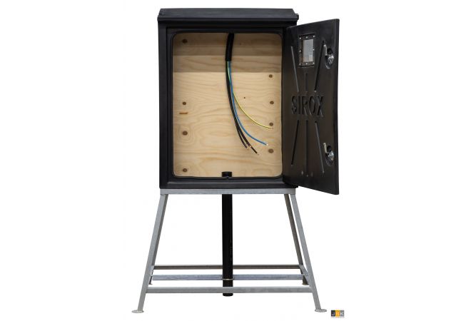 Kunststof Bouwstroomverdeler 80 Ampère, 2x CEE contactdoos 63A 5-polig 400V, 3x CEE contactdoos 32A 5-polig 400V, 6x Schuko 230V (2x verdeelslof 3-voudig zwart), standaard heftruck slede, KANTO 2.0