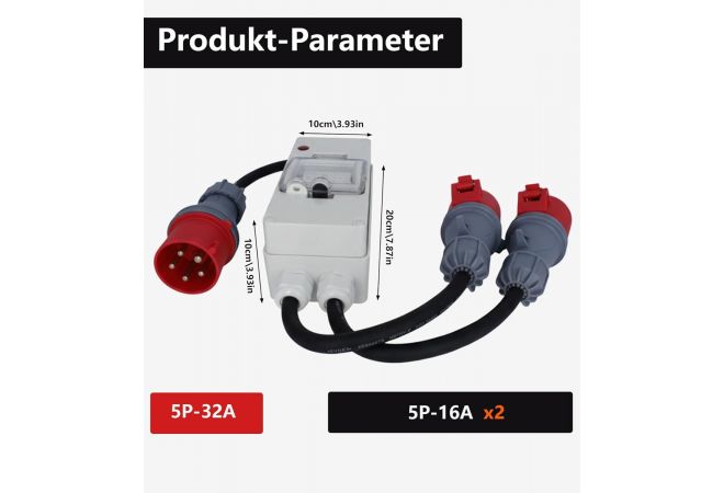 325165/2 CEE Splitter, stroomverdeler, stroomkabel, adapter 32A naar 2x 16A, met automatische zekering, 5-polige CEE-stekkers, IP44, 50 cm, voor industrie, buiten, werkplaats, evenementen
