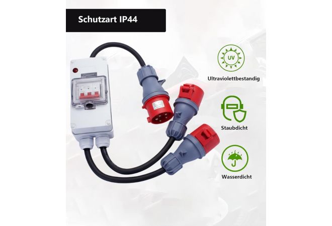 325165/2 CEE Splitter, stroomverdeler, stroomkabel, adapter 32A naar 2x 16A, met automatische zekering, 5-polige CEE-stekkers, IP44, 50 cm, voor industrie, buiten, werkplaats, evenementen