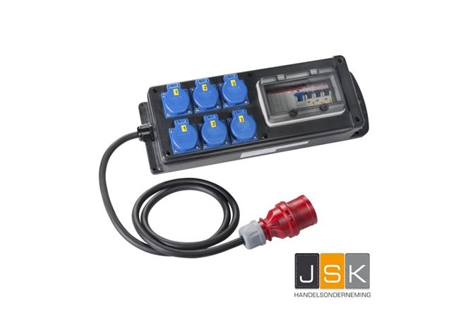 Volrubber verdeeldoos "GOTHA"-2 m voedingskabel H07RN-F 5G2.5 mm² + CEE-stekker 16A, 5-polig, 400V, 6h-6 x Schuko wandcontactdozen 230V -> 3 x automaat 1P+N C16A-1 x Aardlekschakelaar 30mA (standaard)