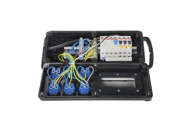 Volrubber verdeeldoos "GOTHA"-2 m voedingskabel H07RN-F 5G2.5 mm² + CEE-stekker 16A, 5-polig, 400V, 6h-6 x Schuko wandcontactdozen 230V -> 3 x automaat 1P+N C16A-1 x Aardlekschakelaar 30mA (standaard)