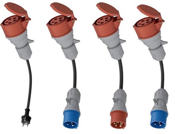 EV Auto Adapterset CEE 32A 5-polig voor 22kW Mobiele Wallbox/EV-lader/laadstation naar CEE Rood 16A/ Blauw/ 230V Huishoudelijk Stopcontact met 0,5m Rubberen Kabel H07RN-F 3G2,5mm² IP44 Buitengebruik