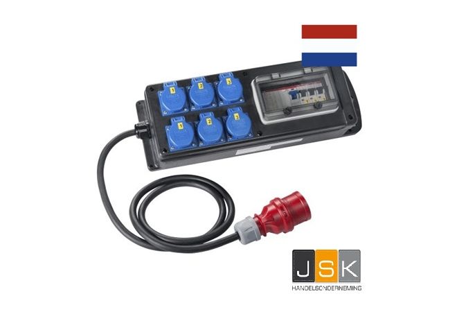 Volrubber verdeelbox "GOTHA"-2 m voedingskabel H07RN-F 5G2.5 mm² + CEE-stekker 16A, 5-polig, 400V, 6h-6 x Schuko wandcontactdozen 230V -> 3 x automaat 1P+N C16A-1 x Aardlekschakelaar 40A 4-polig 0,03 A over alle uitgangen