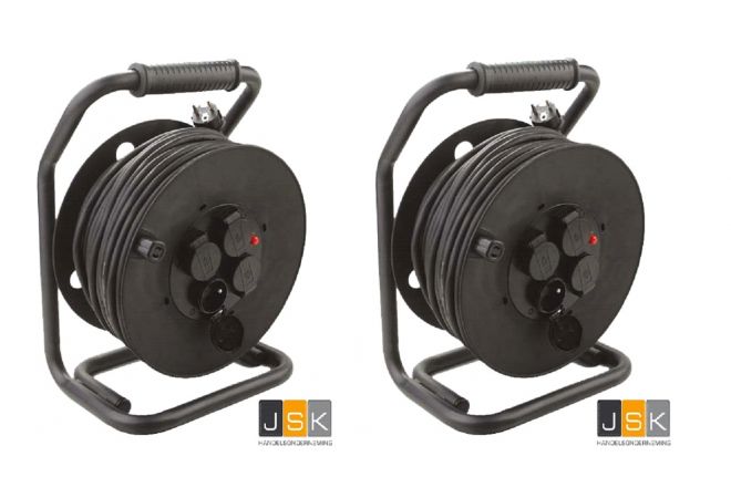 Actie 2x Kabelhaspel - bouwhaspel 25 meter, voorzien van thermische beveiliging, rubber neopreenkabel H07RN-F3G1,5 mm² zwart, spatwaterdicht - 1446.90304/2