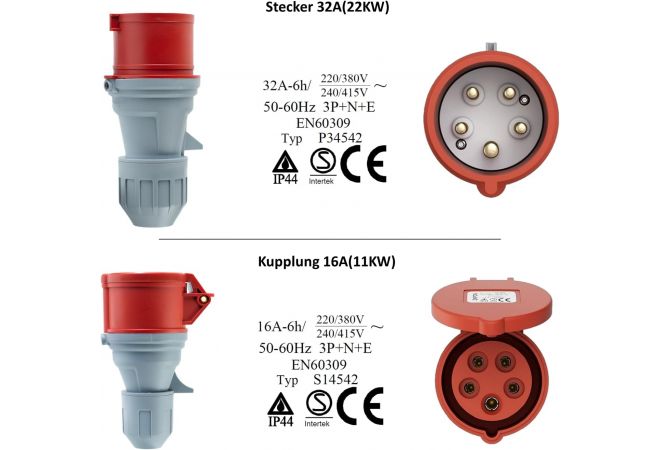 CEE Adapter 32A stekker naar 16A koppeling met LS-schakelaar C16, 3-fasen, 380-415V, 5-polig, H07RN-F 5G 2,5 mm² kabel, IP44 waterdicht (32-16MCB) , 6400 W
