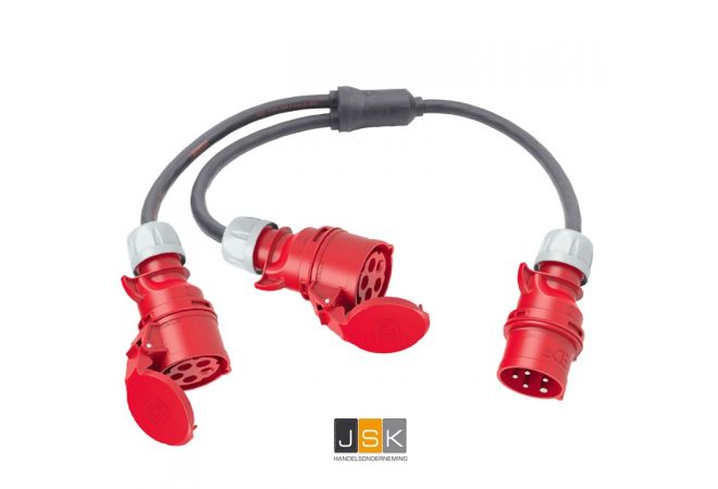 Dubbele verloop adapter 32A naar 16A /2 Y-splitter verloop adapter CEE 32A 5-polig, H07RNF 2,5mm² 0,5m > 2x CEE 5-polig 16A 0,5m rood
