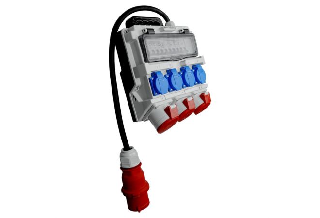 Bouwstroom verdeler 32A met aansluitsnoer CEE | 2 x CEE-16/400 V stopcontact, 1 x CEE-32/400 V en 4 x 230 V geaarde stopcontacten | incl. 32A en 16A zekeringautomaten | 813710