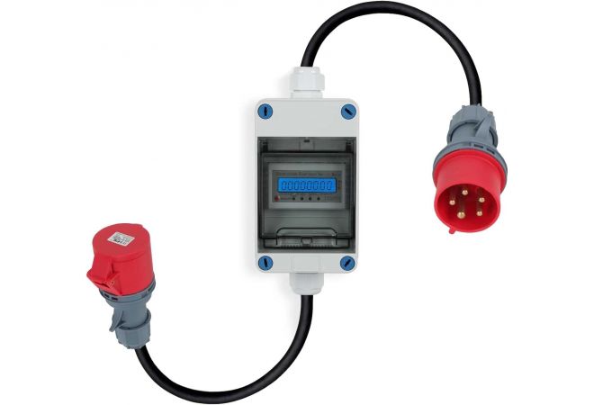 Sroomverbuikmeter met 3 fasen mobiele stroommeter met CEE-stekker en koppeling, 32A 400V mobiele digitale teller IP67 met terugstelfunctie, tussenmeter voor caravans, elektrische voertuigen, camping 1446-325325