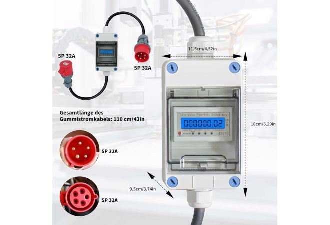 Mobiele stroommeter met CEE-stekker en koppeling, 3 × 230 V/400 V 32 A en koppeling, tussenmeter voor caravans, elektrische voertuigen, camping 1446-325325