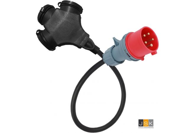 CEE-adapter krachtstroom 32A 400V stekker naar CEE 3 X 230V Schuko koppeling IP44, 3x2,5mm² rubberen kabel 0,5 meter - 325162/3