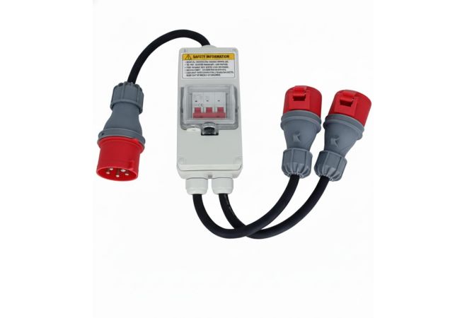 325165/2 Dubbele Verloop adapterkabel 32A naar 2x 16A, met automatische zekering, 5-polige CEE-stekkers, IP44, 50 cm, voor industrie, buiten, werkplaats, evenementen