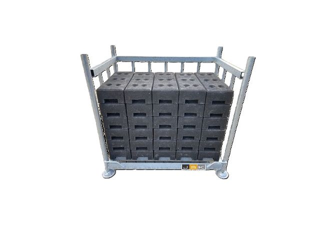 Bouwhekblokken pallet - Bouwhekvoeten pallet - Stapelpallet voor bouwhekvoeten - Stapelrek voor 25 bouwhekvoeten - Bouwhekvoetenpallet - Opslagbunker Bouwhekvoeten