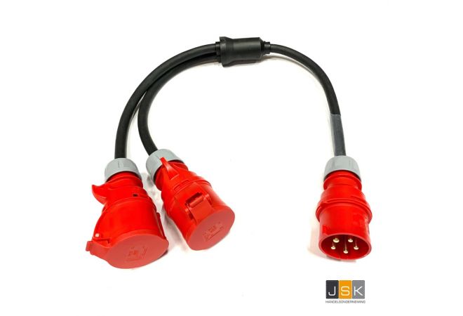 CEE Splitter Adapter 63A 5-polig > 32A 5-polig Zekering: 2 LS C 32 A, 3-polig - CEE stroomverdeler massief rubber 63A / 400V naar 2x 32A bouwstroomverdeler adapter - Gezekerd met 3-polige stroomonderbreker B32A IFN 30 mA (standard) - 635325/2/G
