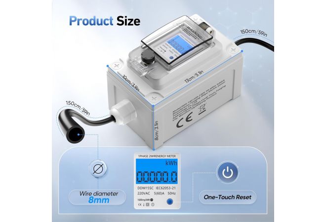 Mobiele digitale stroommeter 230V, 60A, mobiele meter, CEE buiten, KWH-teller met IP67 waterdicht, industriële stekker, led-stroommeter met reset, rubberen slangkabel, draagbaar